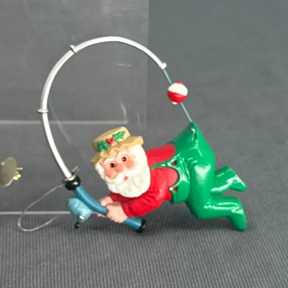 VTG 1991 Hallmark Quinn Surfing Dolphin & Fishing Santa Ornaments Lot 2 Kitschy